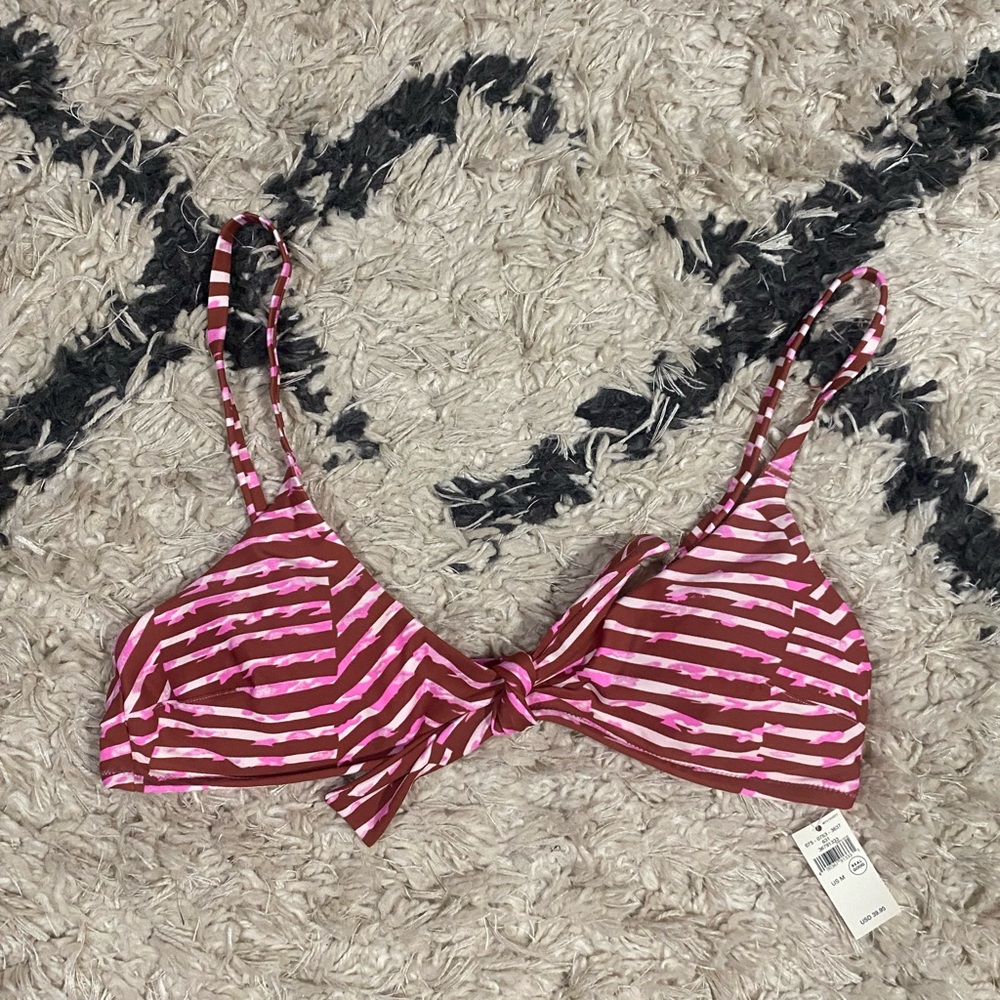 Aerie Pink and Brown Striped Scoop Neck Bikini Top NWT Size M